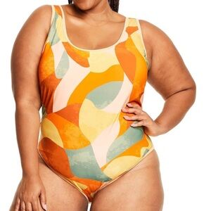 Fe Noel x TARGET One Piece Swimsuit Orange Green Yellow 2x High Leg Cheeky NWT